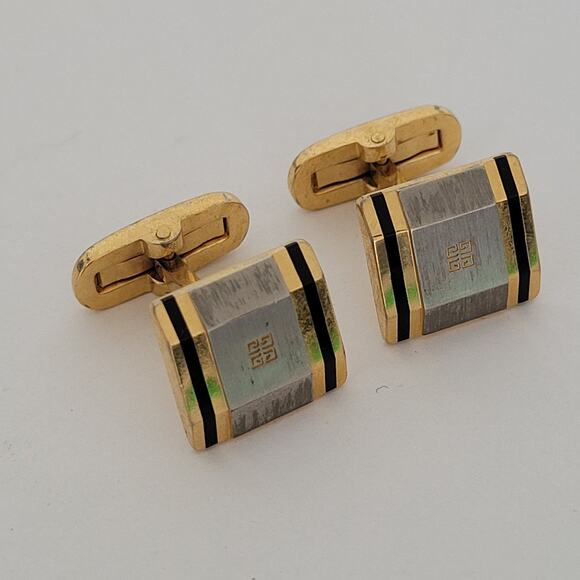 Givenchy G French Tie Bar Clip Cufflinks Set Gold Silver Tone Logo Geometric - Picture 9 of 15